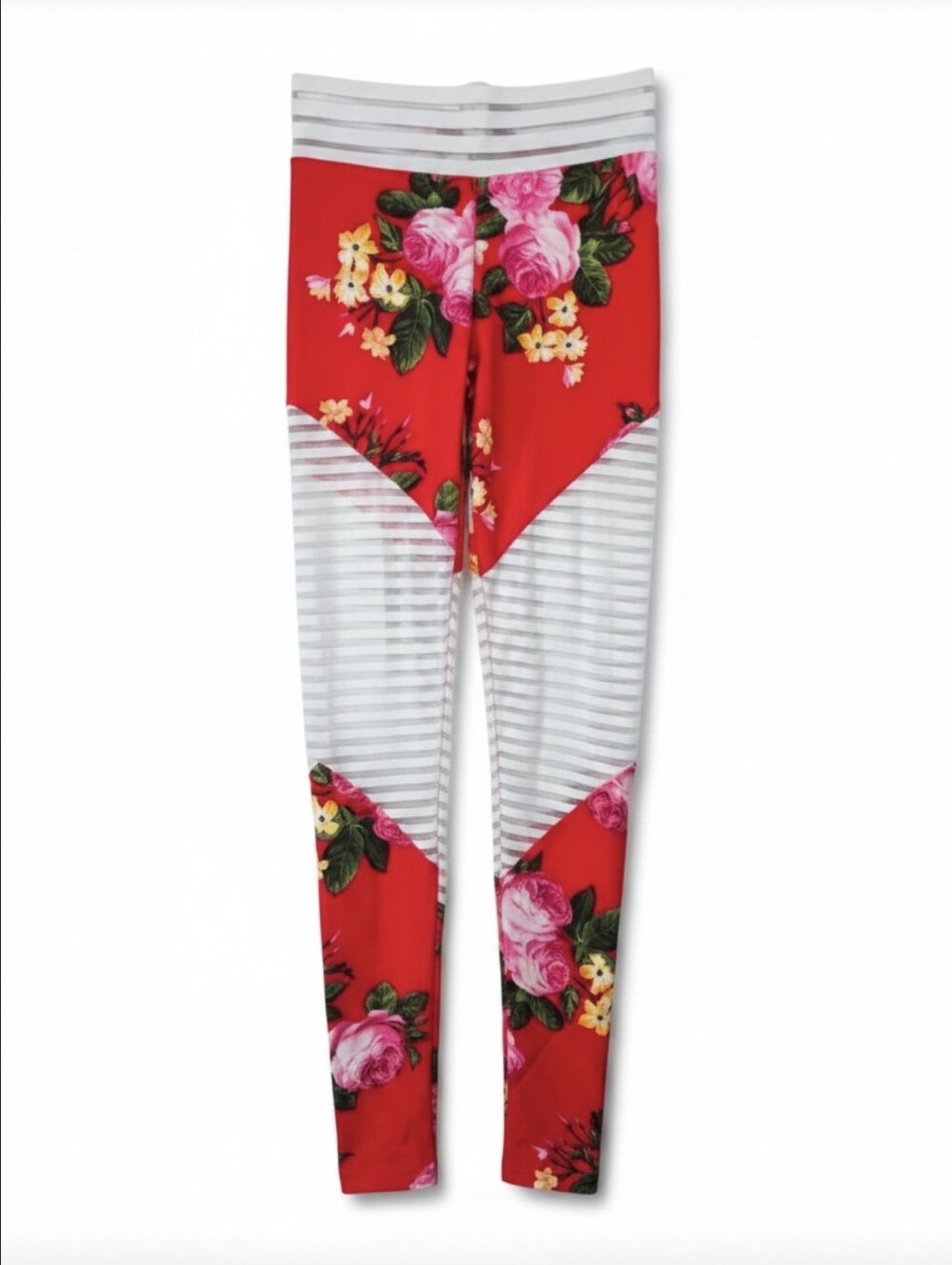 Cute Booty Lounge Red Floral Leggings White Sheer Mesh Stripe XS